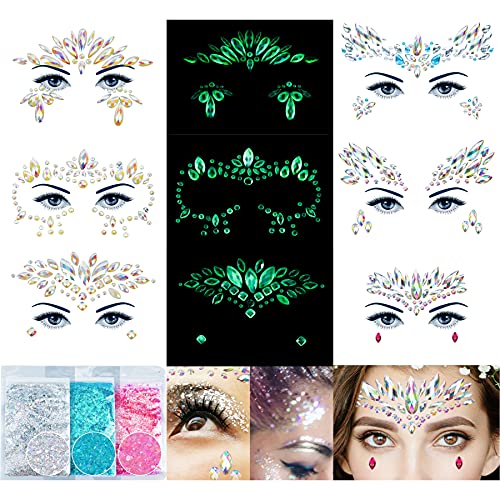 Face Gems-6Sheets Face Jewels Stick On Rhinestones Stickers+30g Chunky Glitter, Gemstones Temporary Tattoo Gifts for Women, Festival Rave Outfit Euphoria Accessories (3Luminous)