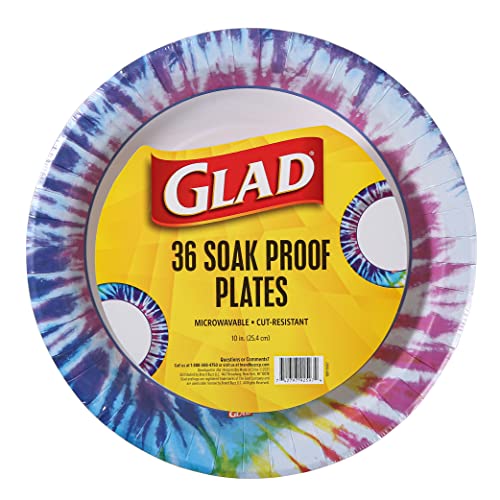Glad Everyday Round Disposable 10” Paper Plates with Tie Dye Design | Heavy Duty Soak Proof, Cut-Resistant, Microwavable Paper Plates for All Foods & Daily Use | 10 Inches, 36 Count