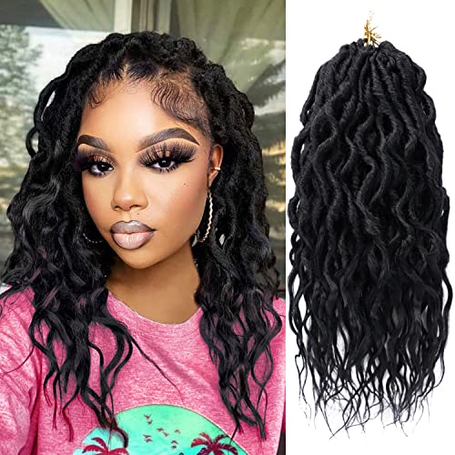 Faux Locs Crochet Hair 12 Inch 6 Packs Goddess Locs Crochet Hair for Women Soft Locs Pre Looped Crochet Braids with Wavy Curly Ends Boho Locs Synthetic Braids Extensions (#1B)