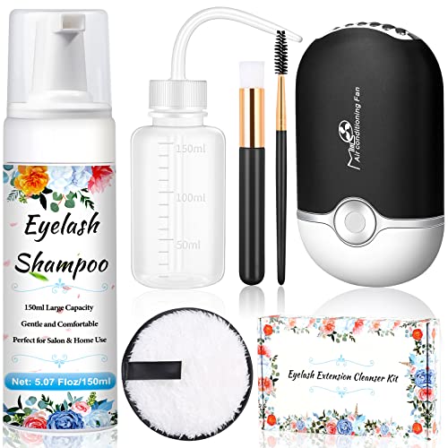 Qinzave 150ml Eyelash Extension Cleanser with USB Fan, Lash Shampoo for Extension with Makeup Remover Pad Rinse Bottle Mascara Brush Cleaning Brush,Paraben Sulfate Free Lash Shampoo for Salon Home Use