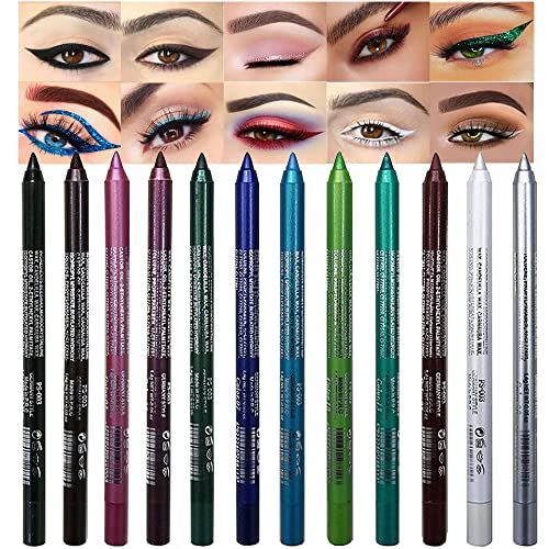 evpct 12Pcs Green Blue White Black Brown Colored Glitter Eyeliner Pencils Pen Makeup Set lapiz delineadores de colores para ojos contra el agua Red Eye Liner Pencil Set Women Waterproof Smudge Proof