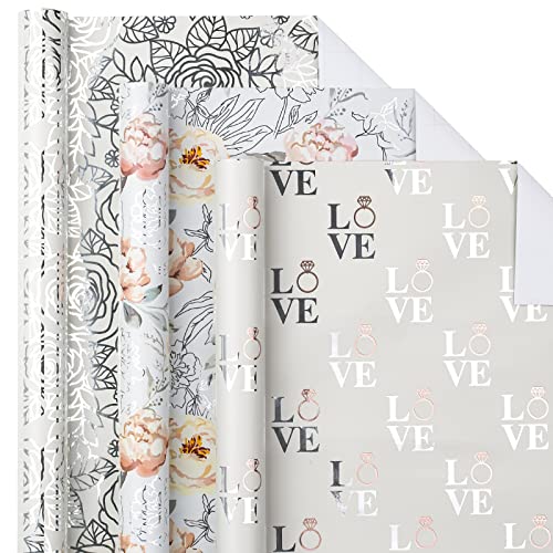 LeZakaa Silver Wrapping Paper Roll - Mini Roll - Flower & Love and Ring with Metallic Foil Design for Wedding, Engagement,Bridal Shower - 17 x 120 inches, 3 Rolls (42.5 sq.ft.ttl.)