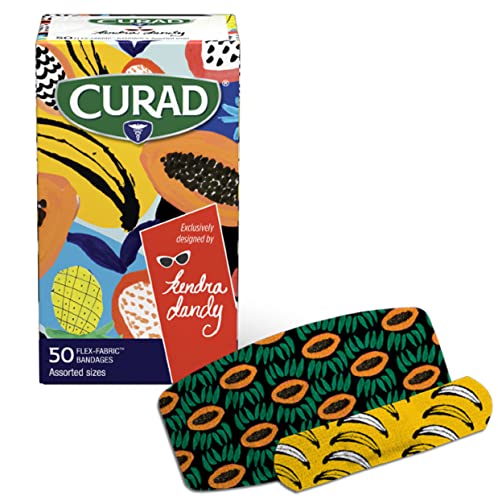 Curad Kendra Dandy Designer Bandages, 4 Colorful Patterns, Flex-Fabric, Variety Pack with Standard & XL Bandages, 50 Count