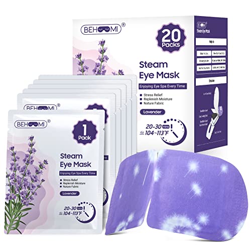 BeHoomi 20 Packs Steam Eye Mask for Dark Circles, Lavender Heated Eye Mask Disposable Warm Eye Compress for Dry Eyes, Puffy Eyes, Soothing Headache Migraine, Stye Treatment, Relief Stress Eye Fatigue