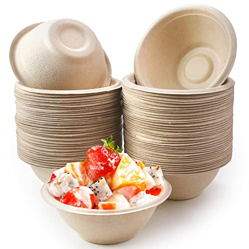 Oomcu 100 Pack Compostable 8oz Paper Bowls,Small Heavy Duty Disposable Bagasse Plant Fiber Paper Bowl Dish Container for Ice Cream,Salad,Soup,Snack,Dessert,Pasta,Party,Picnic,Banquet,Barbecues (Brown)