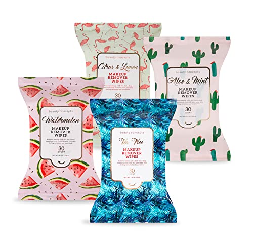 Facial Wipe Set- 4 Packs of Face Wipes, Makeup Removing Wipes, Soft and Hydrating Facial Cleansing Wipes Infused with Mint, Lemon Citrus, Watermelon, and Tea Tree by Beauty Concepts