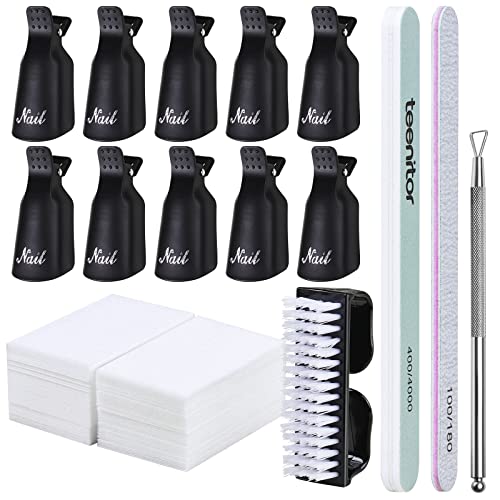 Teenitor Nail Gel Remover Tools Kit with Nail Remover Clips, Nail Remover Pads, Nail Brushes, Nail File Buffer, Cuticle Peeler