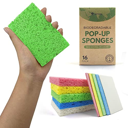 AIRNEX Biodegradable Cellulose Compressed Sponges - Pack of 16 Kitchen Sponges for Cleaning - Heavy Duty and Natural Multipurpose Household Cleaning Sponges Good for Kitchen, Bathroom, and Surfaces