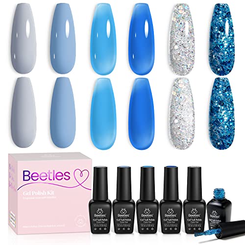 beetles Gel Polish Jelly Gel Nail Polish 6 Colors Chasing Summer Breeze Jelly Blue Sliver Glitter Gel Nude Gray Nail Art Design Soak off Led Nail Lamp Spring Summer Nails Manicure Set for Girls Women