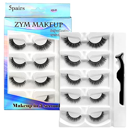 Aigarava Self Adhesive Eyelashes (5 Pairs), False Eyelashes, Reusable Self Adhesive Eyelashes Natural Look, Self Sticking No Glue Lashes for Women, Five Styles Waterproof False Eyelashes Kit