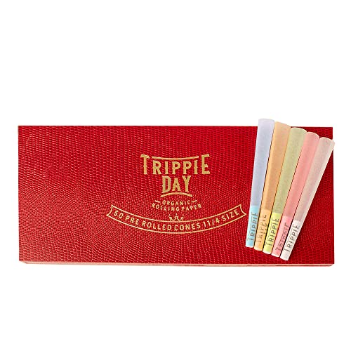 Trippie Day Colorful 1 1/4 Pre rolled cones | 50 Pack | 10 each in Blue, Brown, Green, Pink & White color | Slow burning | 84mm | Packaged for gifting in a Red wooden box