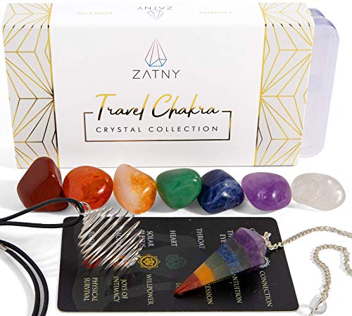 ZATNY Travel Chakra Crystals and Healing Stones Collection - 7 Chakra Set Tumbled Stones, Chakra Pendulum, Interchangeable Cage Necklace, Reference Card, Portable Case, Ebook