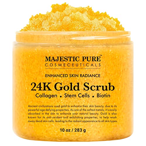 Majestic Pure 24K Gold Scrub - Biotin, Collagen, VitaminE & Stem Cell - Exfoliating Body Scrub, Skin Moisturizer, Pore Cleanser & Body Exfoliator - Natural Skin Care - 24k Scrub For Men & Women - 10oz