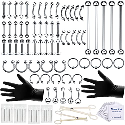 100PCS Piercing Kit 14G 16G Nose Septum Rings Piercing Jewelry for Nose Belly Button Tongue Body Piercing Tools Kit with 20PCS 12G 14G Piercing Needle