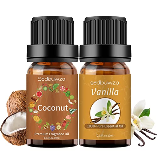 Sedbuwza Vanilla Oil Coconut Essential Oil Gift Set, 100% Pure Organic Therapeutic Grade Oils Gift Set for Skin Hair Care, Diffuser, Massage, Soap, Candle Making - 2 x 10ml