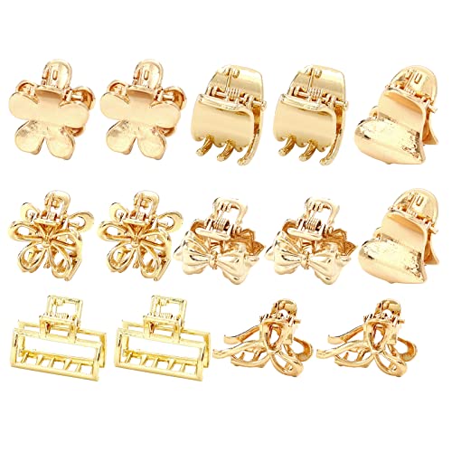 Metal Small Claw Hair Clips for Women Girls,14Pcs Tiny Hair Claw Clips for Thin/Medium Thick Hair,Medium Non-slip Short Hair Accessories for Women and Girls,Gold