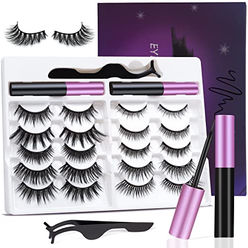 Magnetic Eyelashes Kit, Magnetic Lashes Natural Looking with 2 Eyeliner Reusable 3D Strong Magnetic Fake Eyelashes with Tweezers(10 Pairs)