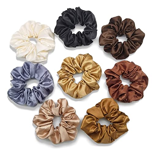 Lenicany Hair Scrunchies for Women Girls, Silky Satin Scrunchies for Hair, Soft Scrunchy Silk Hair Ties Sleepy Ponytail Holder Hair Gift for Women, 8 Pack (Natural Color)