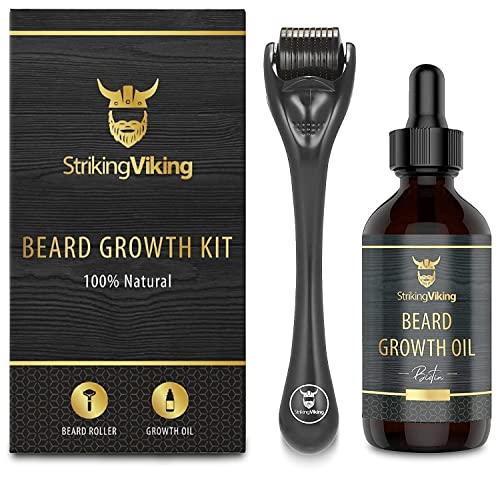 Striking Viking Beard Growth Kit – Beard Roller for Hair Growth for Men - Biotin Beard Growth Oil - Beard Roller Beard Kit for Thickening and Conditioning Beards and Mustache