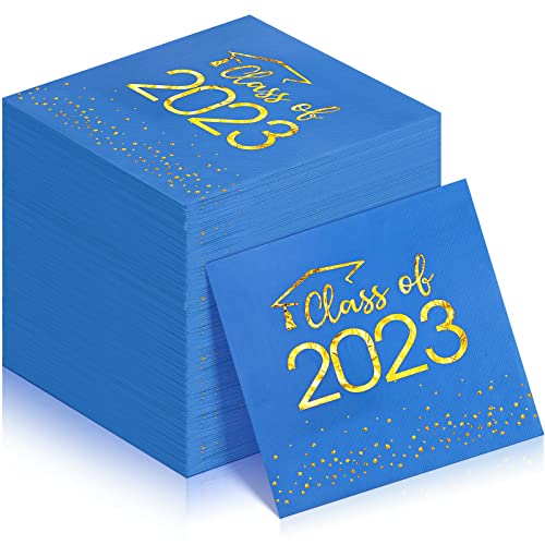 100Pcs Class of 2023 Graduation Napkins,Disposable Congrats Grad Napkins,Congratulation Foil Dot Paper Hand Towels for 2023 High School University College Graduation Party Decorations(Blue and Gold）