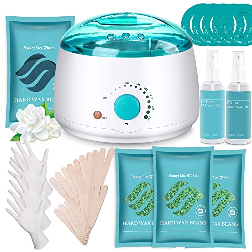 Wax Warmer for Hair Removal, LEMONTRA Wax Kit with 4 Wax Beads, for Women Men Sensitive Skin Bikini Brazilian (blue)