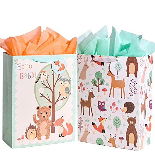 SUNCOLOR 16.5" Extra Large Gift Bags for Baby Shower with Tissue Paper(2 Pack, Hello Baby!)