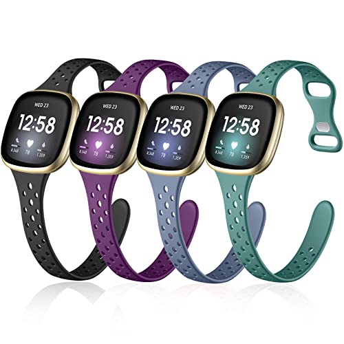 Laffav Bands Compatible with Fitbit Versa 3/Versa 4 bands/Fitbit Sense bands for Women Men, Slim Soft Silicone Sport Strap Replacement Wristband (Small, Black/Pine Green/Purple/Blue Gray)