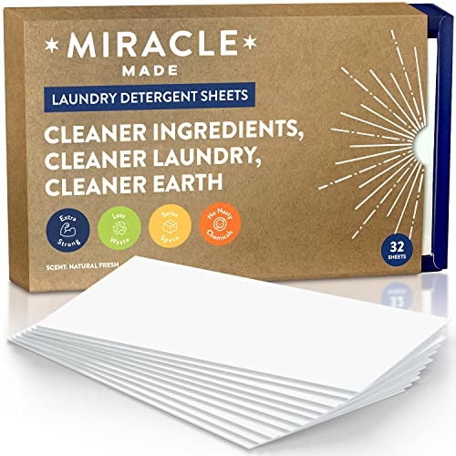 Miracle Made Liquidless Laundry Detergent Sheets - 32 Sheets Up To 64 Loads - As Seen On TV Plastic Free & Biodegradable Eco-Strips for Sensitive Skin - Dye, Bleach, Paraben, and Cruelty-Free Earth Friendly Sheets