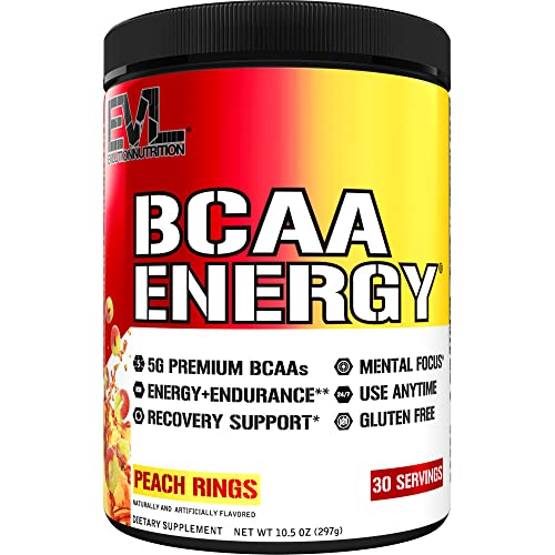 EVL BCAAs Amino Acids Powder - BCAA Energy Pre Workout Powder for Muscle Recovery Lean Growth and Endurance - Rehydrating BCAA Powder Post Workout Recovery Drink with Natural Caffeine - Peach Rings