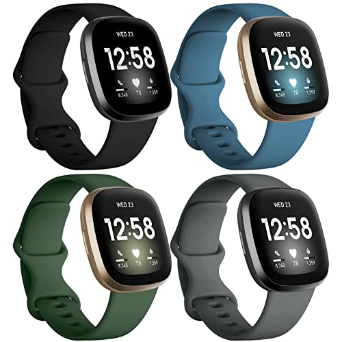 Dirrelo 4 Pack Band Compatible with Fitbit Sense & Fitbit Versa 3 Bands Women Men, Soft TPU Sport Watch Strap Replacement Versa 3 Sense Versa 4 Sense 2 Smartwatch Small,Black/Darkgreen/Darkgrey/Indigo