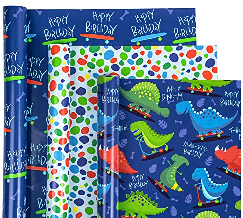 WRAPAHOLIC Birthday Wrapping Paper Roll - Mini Roll - 3 Rolls - 17 Inch X 120 Inch Per Roll - Cute Dinosaurs, Happy Birthday Lettering, Polka Dot for Kid's Birthday, Baby Shower