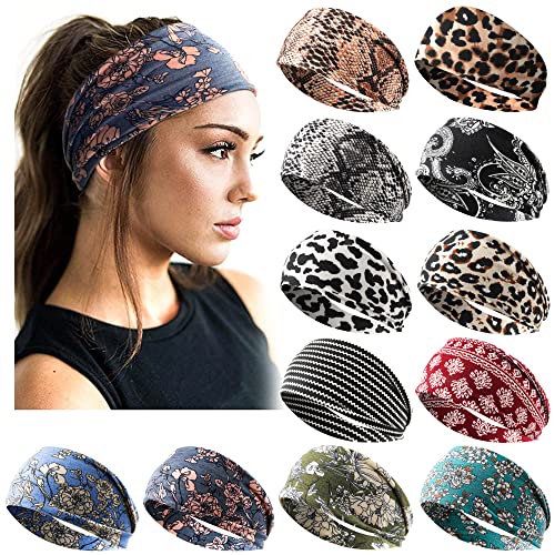 Jesries 12 Pack Headbands for Women Boho Printed Non Slip Hair Band Sport Yoga Running Elastic Sweat Hair Wrap for Girls