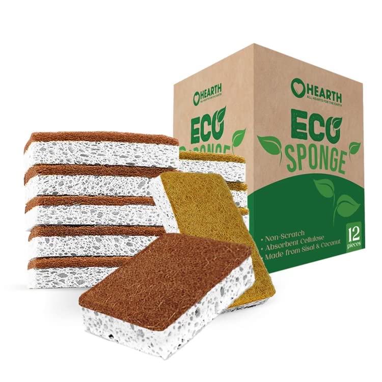 Hearth Eco Friendly Sponges for Kitchen Dishes, Pots, Pans, and Non-Abrasive Surface Cleaning, 12 Pack, Natural, Plant-Based, and Biodegradable Wood Pulp, Coconut and Sisal Fibers