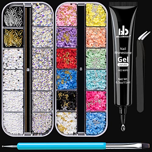 Nail Art Rhinestone Glue Gel&2 Boxes 3D Charms Accessories Kit 1, 1 Pc of 15ml Rhinestone Glue(UV/LED Needed)+3D Flowers Nail Decors Gems Crystal Pearls Bow Beads with Dual-End Brush Tool And Tweezer